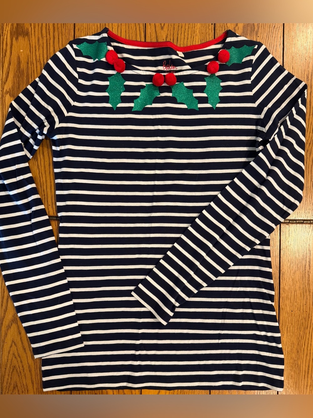 Boden Stripes Ahead of the Rest, Brenton Top, Merry graphics, size 4, navy/white